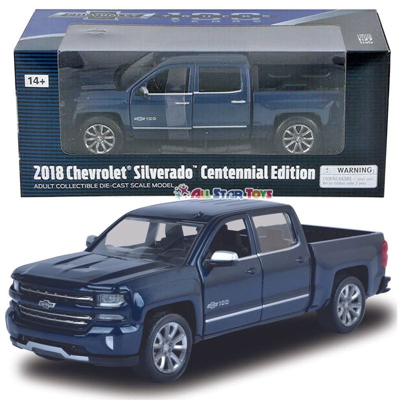 موتورماكس سيارة نموذجية مصبوبة من المعدن، طراز Motormax 2018 Chevrolet Silverado LTZ Pickup Truck Centennial Edition باللون الأزرق المعدني، إصدار الذكرى المئوية، بمقياس 1/27 - Image 1